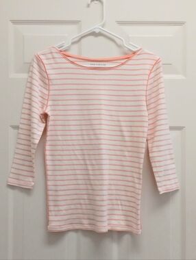 Ann Taylor Striped Boat Neck Top Medium  Peach White 100% Cotton Preppy Classic